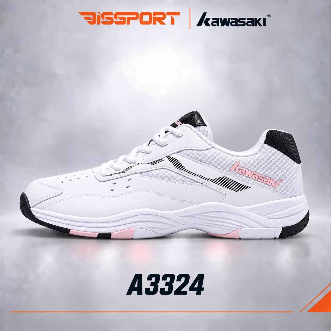 Giày Cầu Lông Kawasaki A3324 Chính Hãng - Trắng Hồng - Bền Bỉ - Giảm Chấn - Đế Chống Trượt Trên Mọi Sàn - Nhẹ Khi Mang