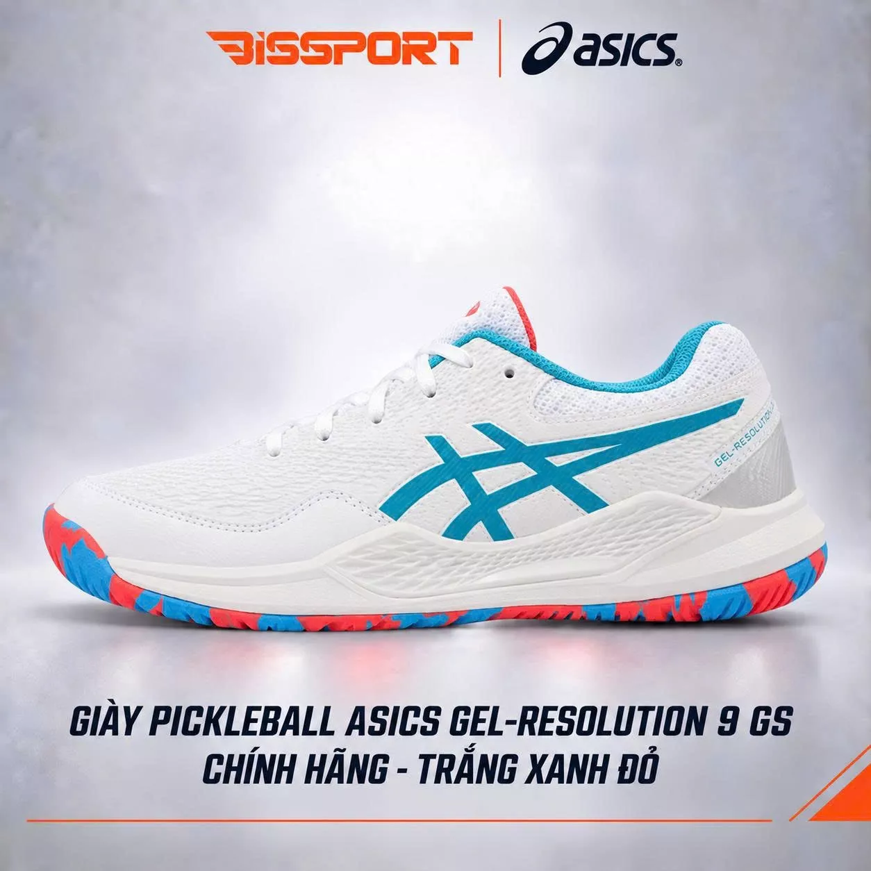 Giày Pickleball ASICS GEL-RESOLUTION 9 GS Chính Hãng - Trắng Xanh Đỏ - Bền Bỉ Vượt Trội - Giảm Chấn Êm Ái
