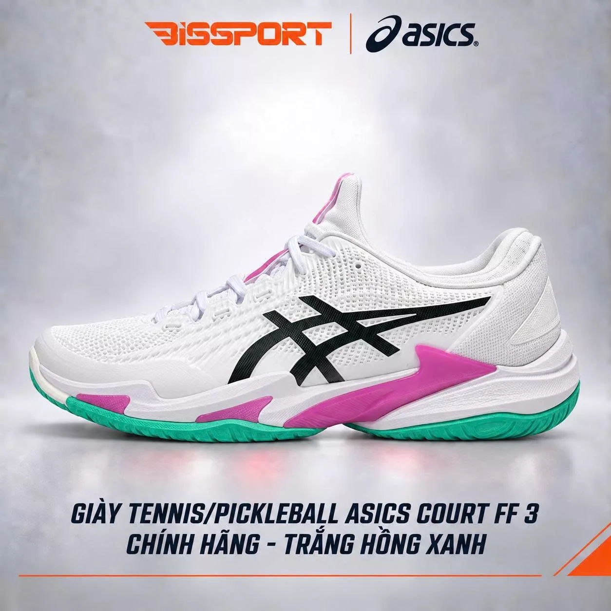 Giày Tennis/Pickleball Asics Asics Court FF3 Chính Hãng - Trắng Hồng Xanh - Êm Ái, Ổn Định - Giảm Chấn - Bám Mọi Sàn