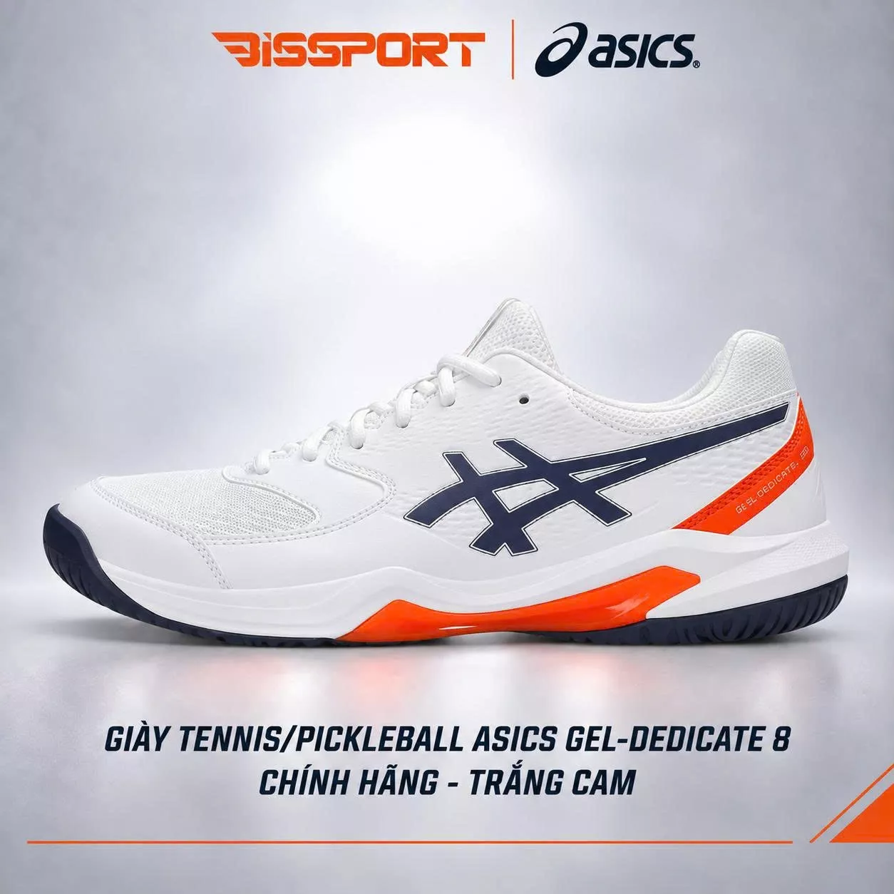 Giày Tennis/Pickleball ASICS Dedicate 8 Chính Hãng – Trắng Cam – Nhẹ, Bám Sân – Công Nghệ GEL™ Giảm Chấn – Thoáng Khí