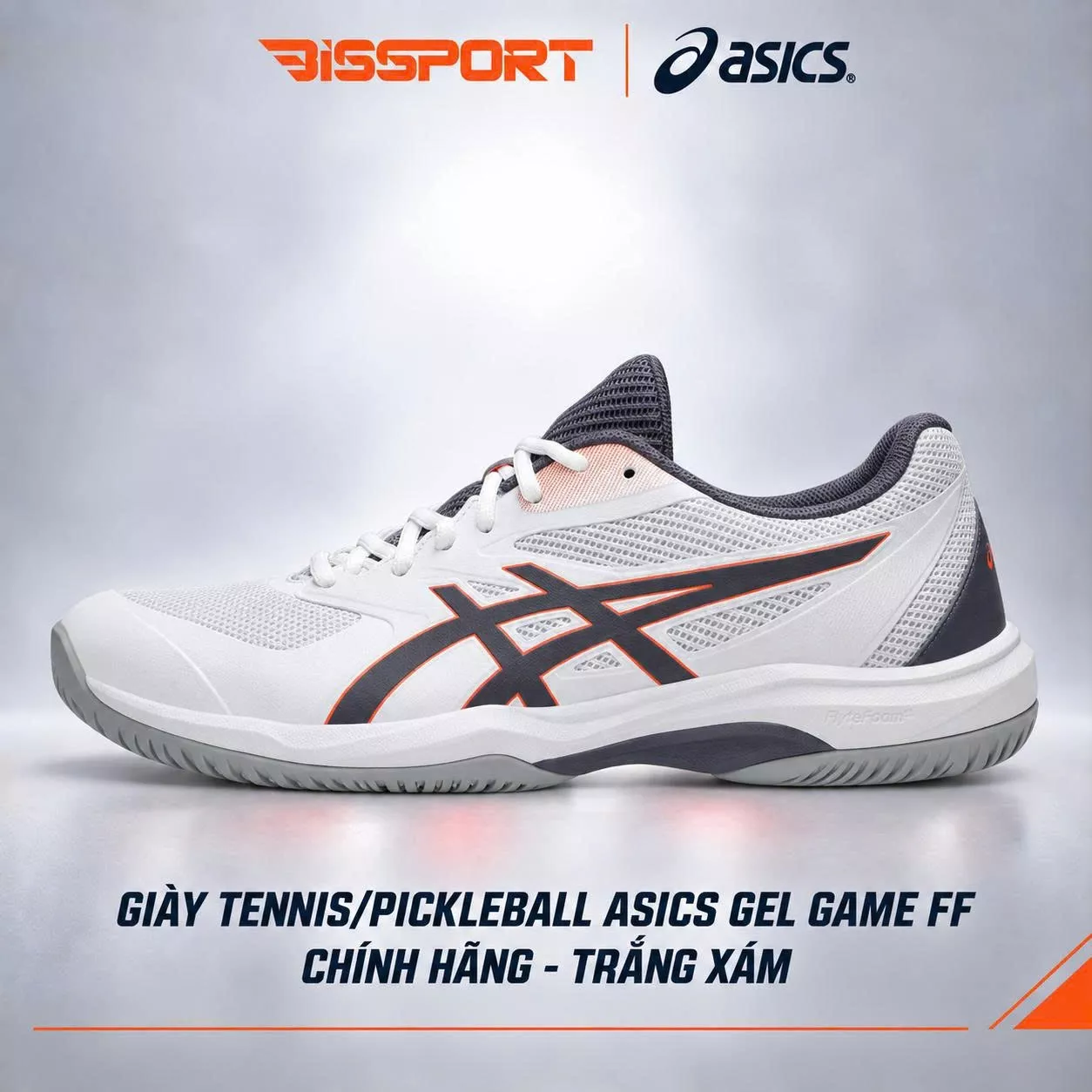 Giày Tennis/Pickleball ASICS GAME FF Chính Hãng - Trắng Xám - Nhẹ Đế Bám Sân - GEL™ Giảm Chấn - Thoáng Khí - Linh Hoạt