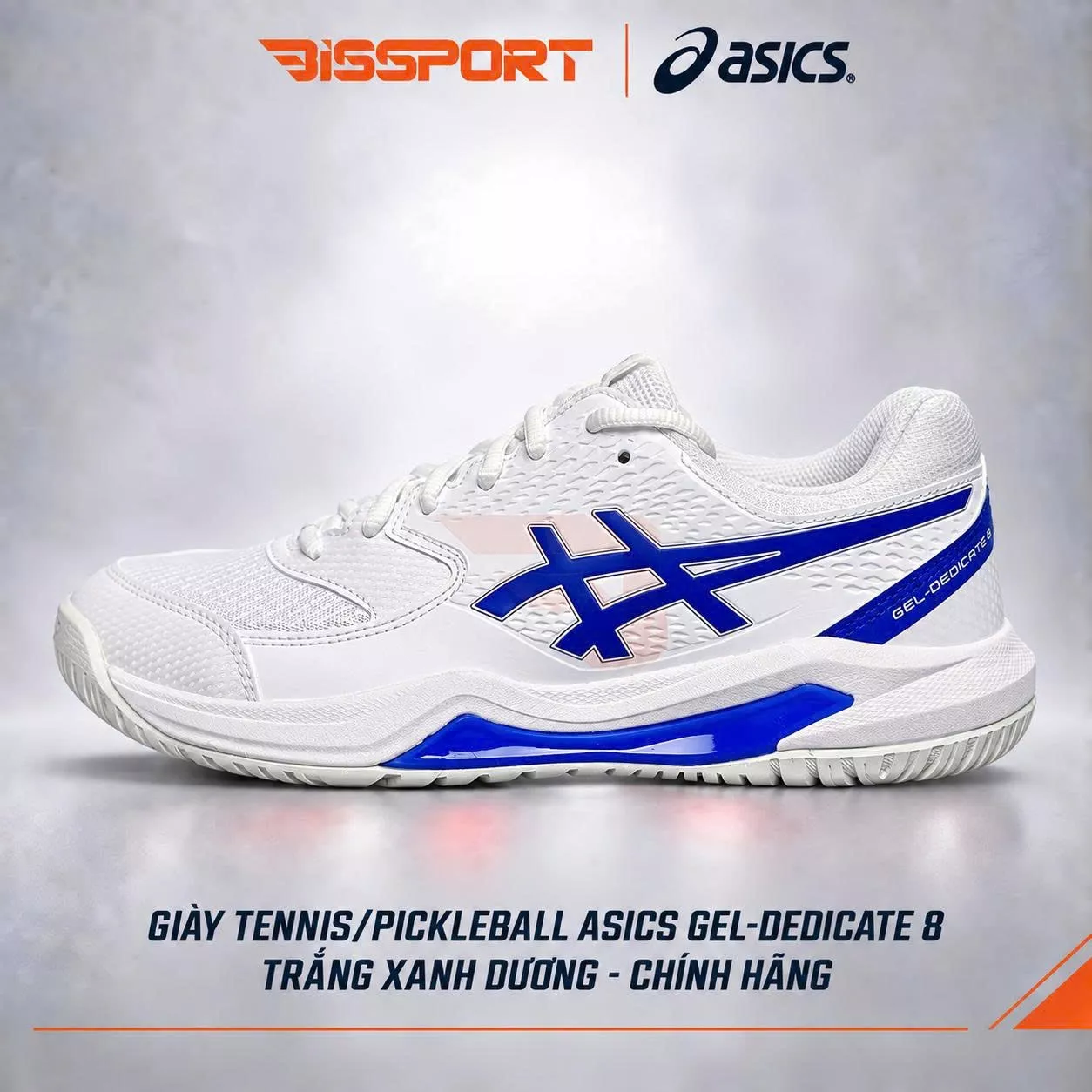 Giày Tennis/Pickleball Dedicate 8 Cao Cấp – Trắng Xanh Dương – Nhẹ, Bám Sân – Công Nghệ GEL™ Giảm Chấn – Thoáng Khí