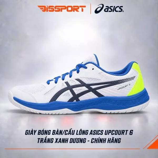 Giày Bóng Bàn/Cầu Lông Asics Upcourt 6 Trắng Xanh Dương Chính Hãng - Bền Bỉ - Nhẹ - Êm - Thoáng Khí -  Đệm EVA Đàn Hồi