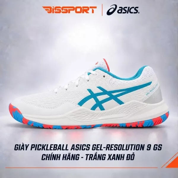 Giày Pickleball ASICS GEL-RESOLUTION 9 GS Chính Hãng - Trắng Xanh Đỏ - Bền Bỉ Vượt Trội - Giảm Chấn Êm Ái