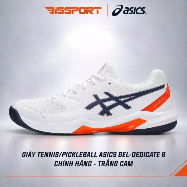 Giày Tennis/Pickleball ASICS Dedicate 8 Chính Hãng – Trắng Cam – Nhẹ, Bám Sân – Công Nghệ GEL™ Giảm Chấn – Thoáng Khí