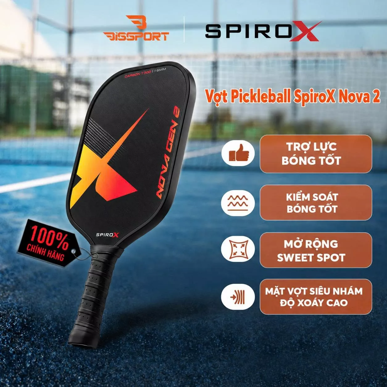 Vợt Pickleball SpiroX NOVA 2 Chính Hãng - Màu Cam - 16mm - Bền Bỉ - Siêu Nhám - Chuẩn Thi Đấu USA - Toàn Diện - Ổn Định