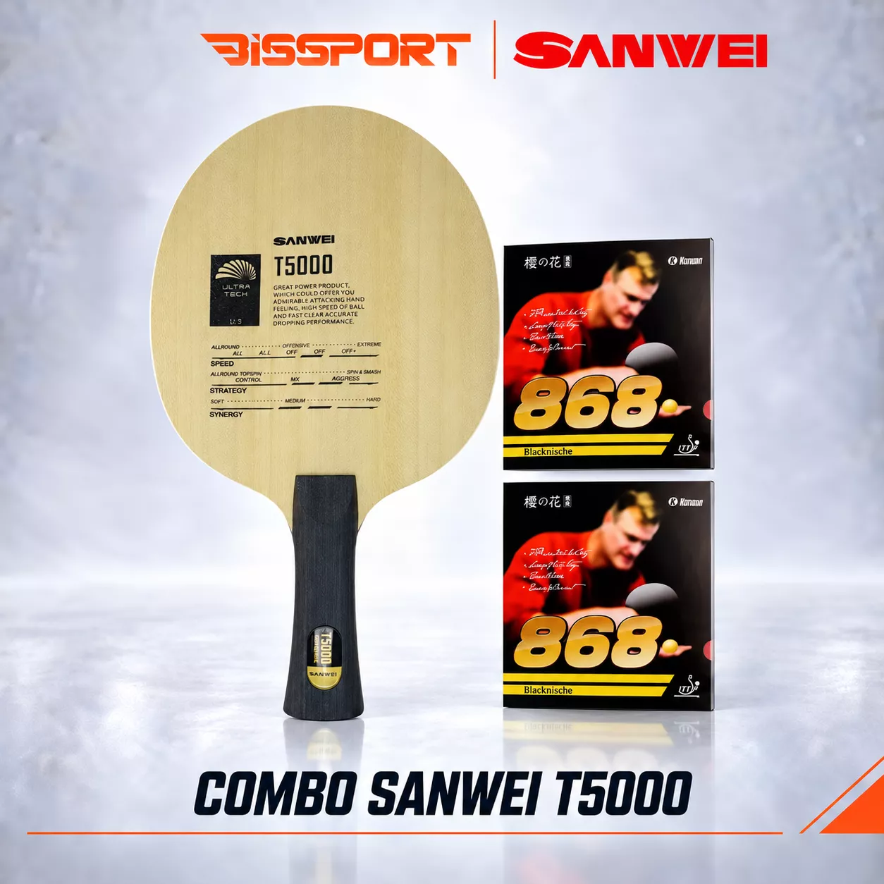 Combo 2 Vợt Bóng Bàn Dán Rời Chuyện Nghiệp : Cốt Sanwei T5000 + 2 Mặt Kokutaku 868 ( 1 đen , 1 đỏ )