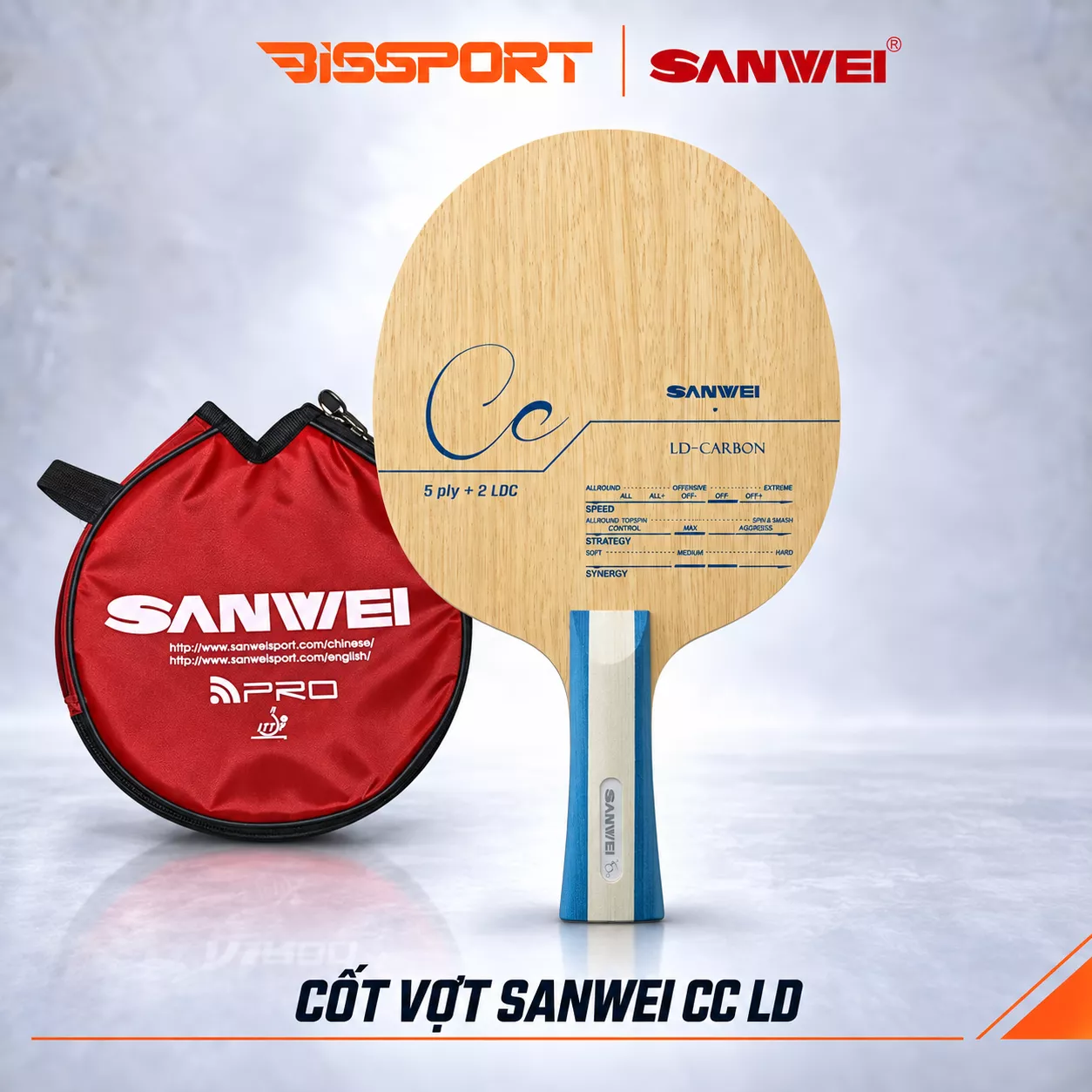 Cốt Vợt Bóng Bàn Sanwei CC 2022 Chính Hãng - Cấu Tạo 5 Lớp Gỗ + 2 LD Cacbon - Tốc Độ Cao ( Off++)