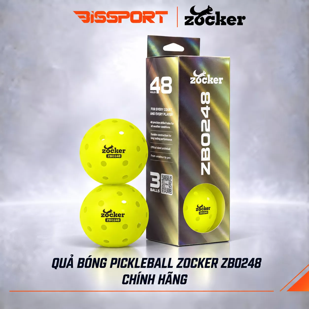 Quả Bóng Pickleball Zocker ZB0248 Chính Hãng - Độ Bền Ổn Định - Đường Bay Chuẩn - Cảm Giác Đánh Chắc Tay - 48 Lỗ