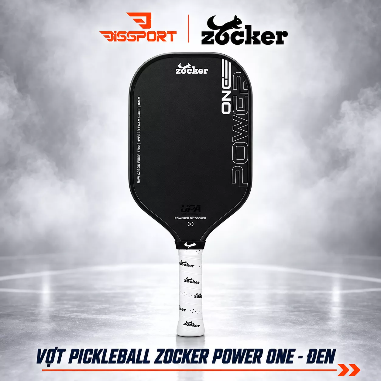 Vợt Pickleball Zocker Power One 16mm Chính Hãng - Màu Đen - Lõi Foam - Mặt Carbon T700 Nhám Trợ Lực Tốt - Tạo Xoáy
