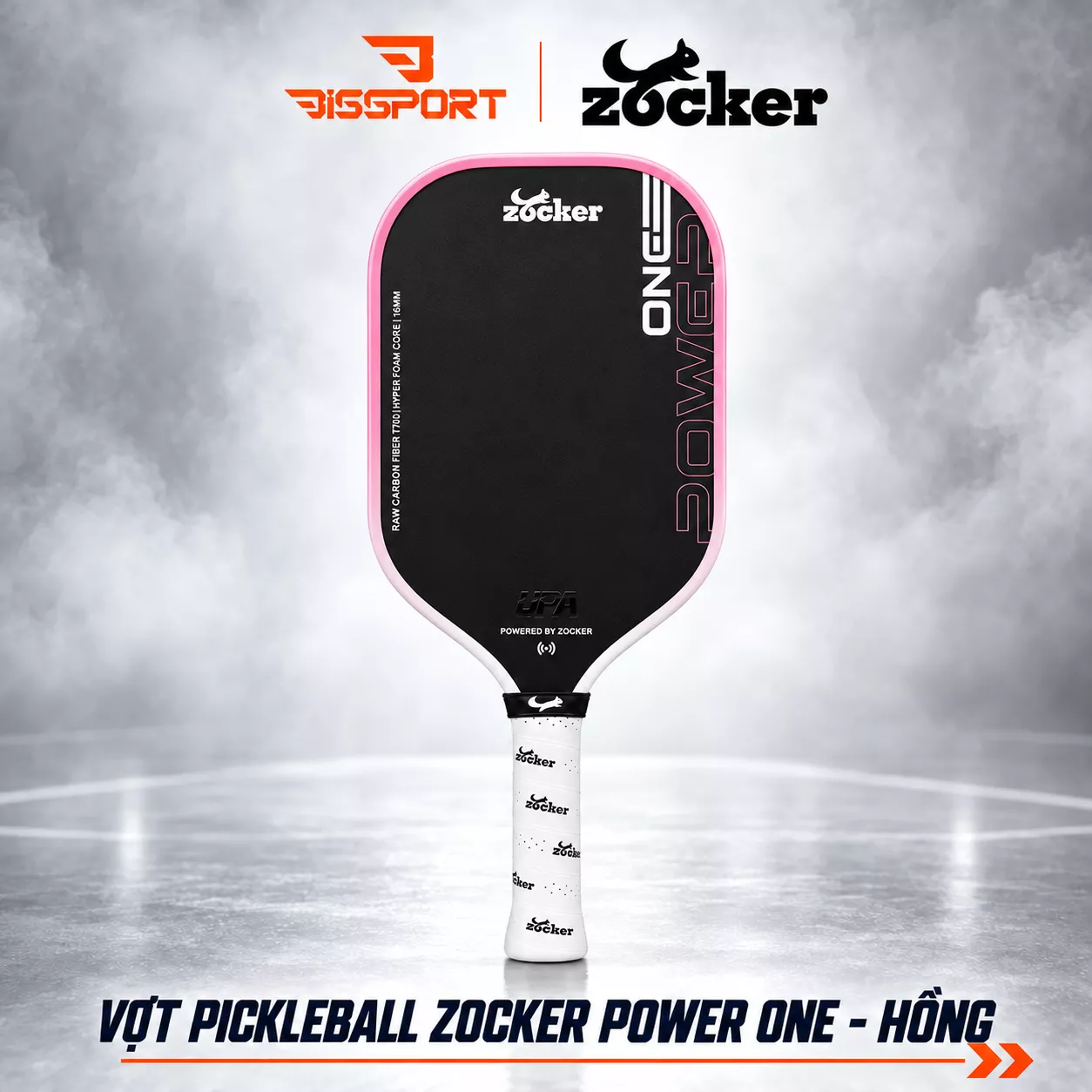 Vợt Pickleball Zocker Power One 16mm Chính Hãng - Màu Hồng  - Lõi Foam - Mặt Carbon T700 Nhám Trợ Lực Tốt - Tạo Xoáy